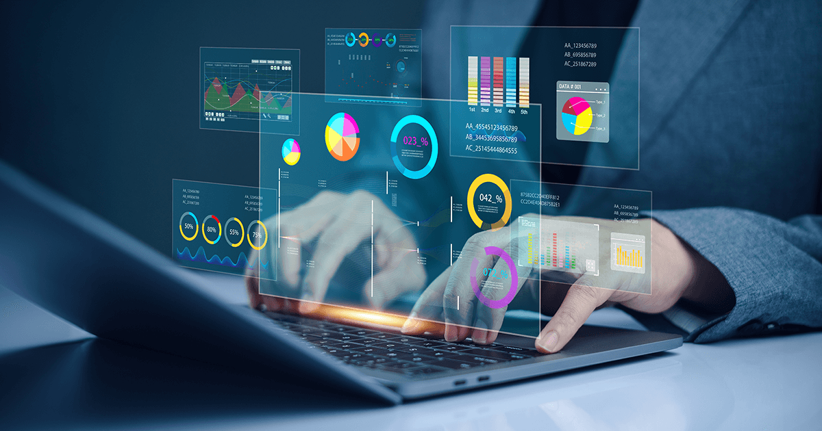 hands typing on a keyboard with dashboard icons popping up