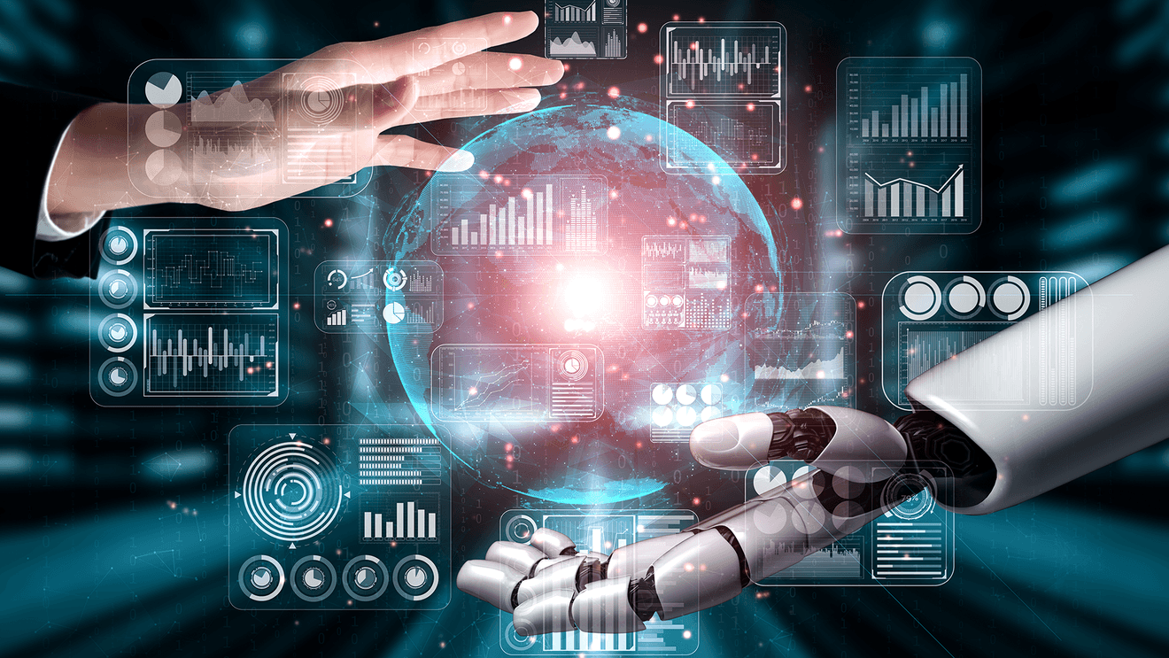 human hand and robot hand hovering over glass ball