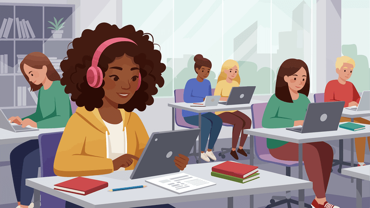 cartoon girl with headphones on laptop