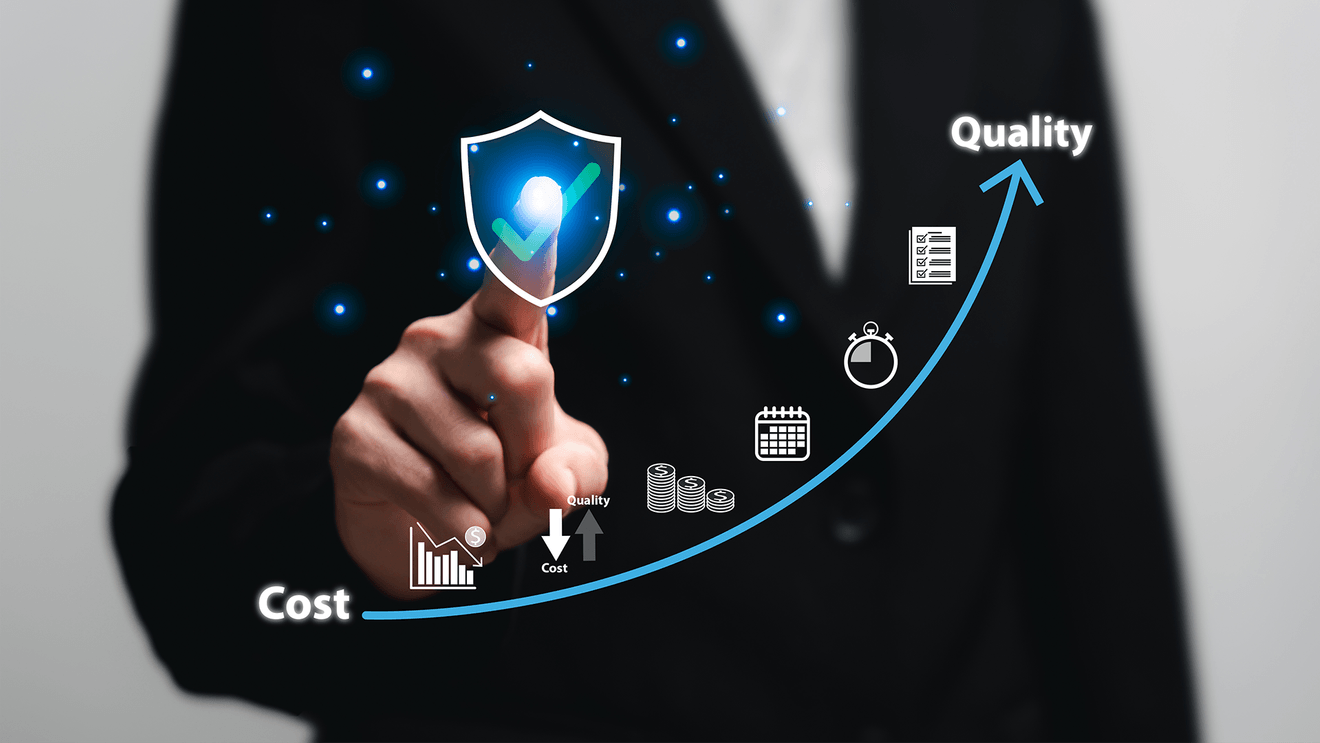 chart in foreground showing cost versus quality with finger tracing it