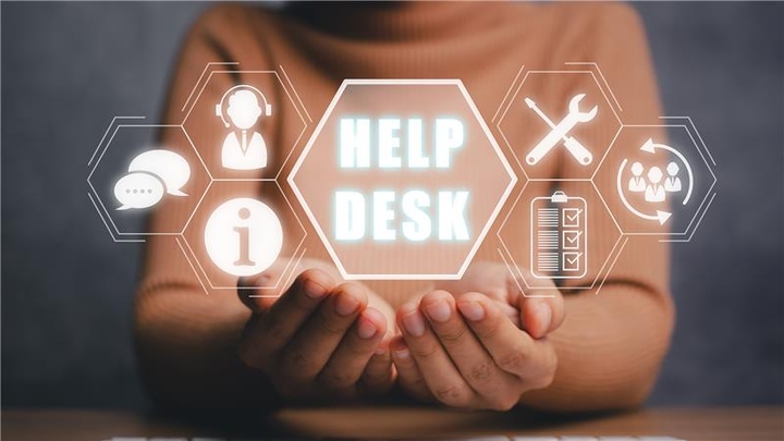 hands held open with icons and HELP DESK hovering above